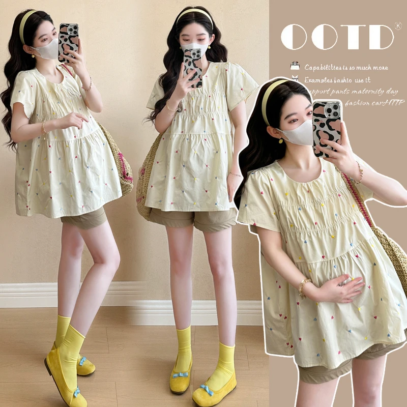 运费补贴8-10孕妇韩版飞飞袖爱心刺绣减龄娃娃衫上衣夏季甜美