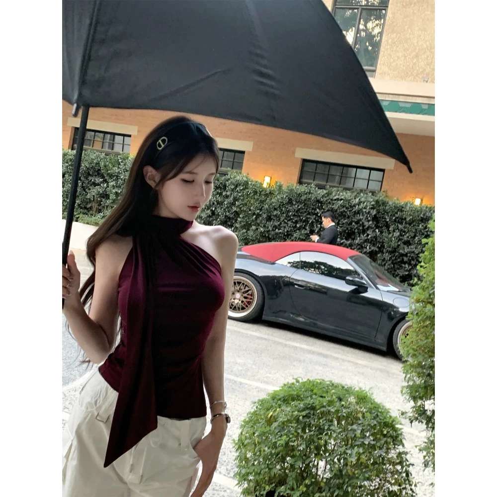 年糕Ween 夏季雕刻缪斯紫色抽褶设计感无袖背心女夏修身露肩上衣