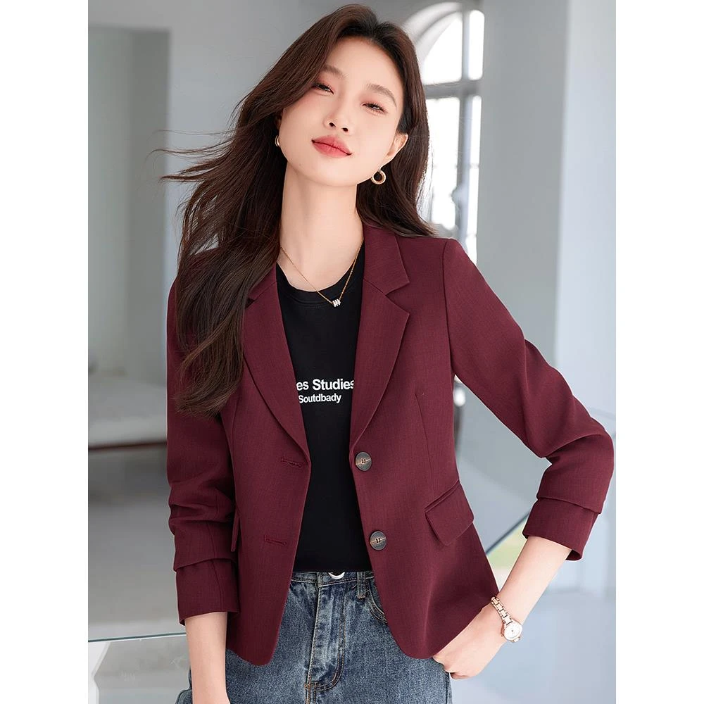 2025新款春秋酒红色小西装外套女短款小个子气质百搭休闲西服上衣