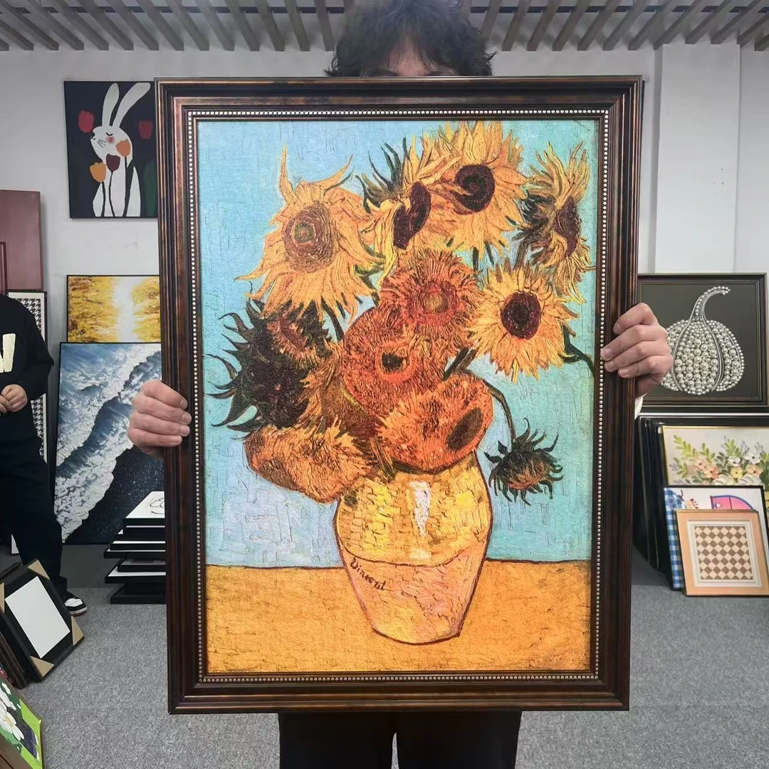 欧框梵高向日葵装饰画入户玄关美式客厅餐厅挂画欧式背景画6080