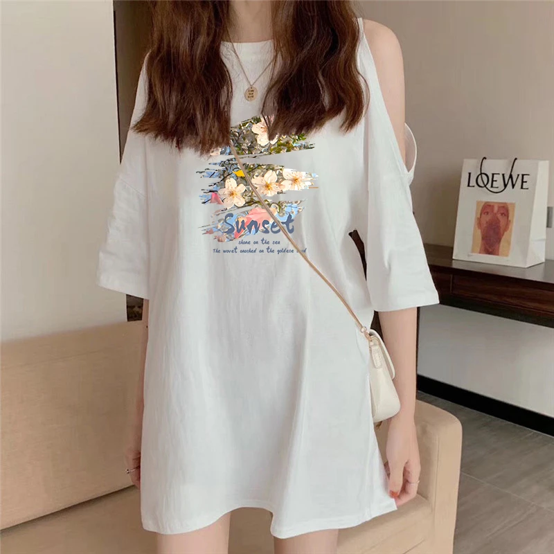 欧货纯棉白色中长款露肩t恤女短袖2025年夏季新款洋气宽松上衣潮