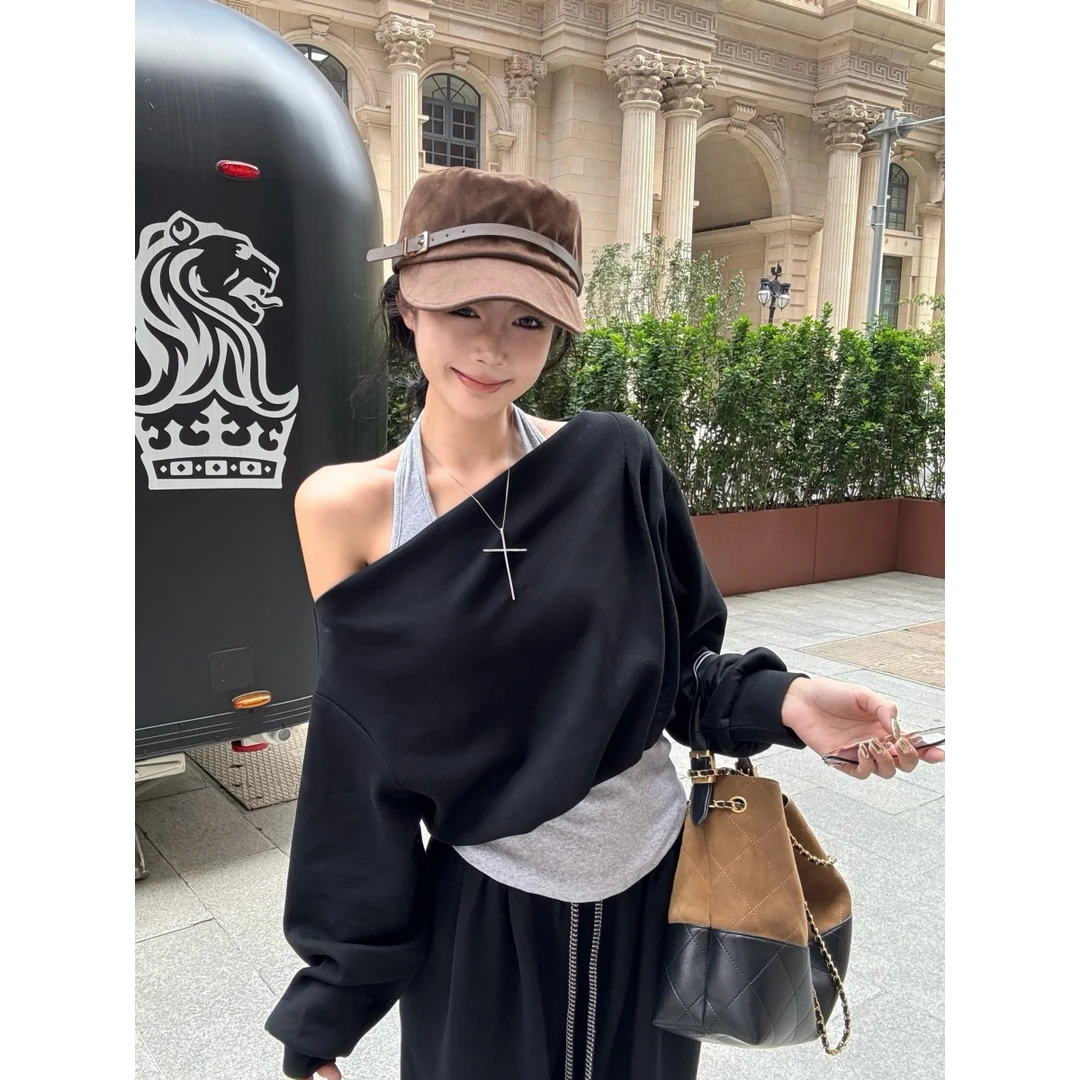 气质一字肩休闲长袖上衣套装女韩系时尚百搭简约纯欲风裤子两件套