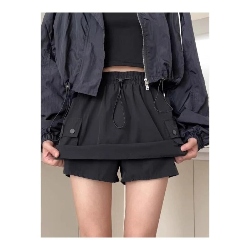 现货松紧腰抽绳半身裙短裙小众a字裙显瘦灰色裙子工装裙时尚