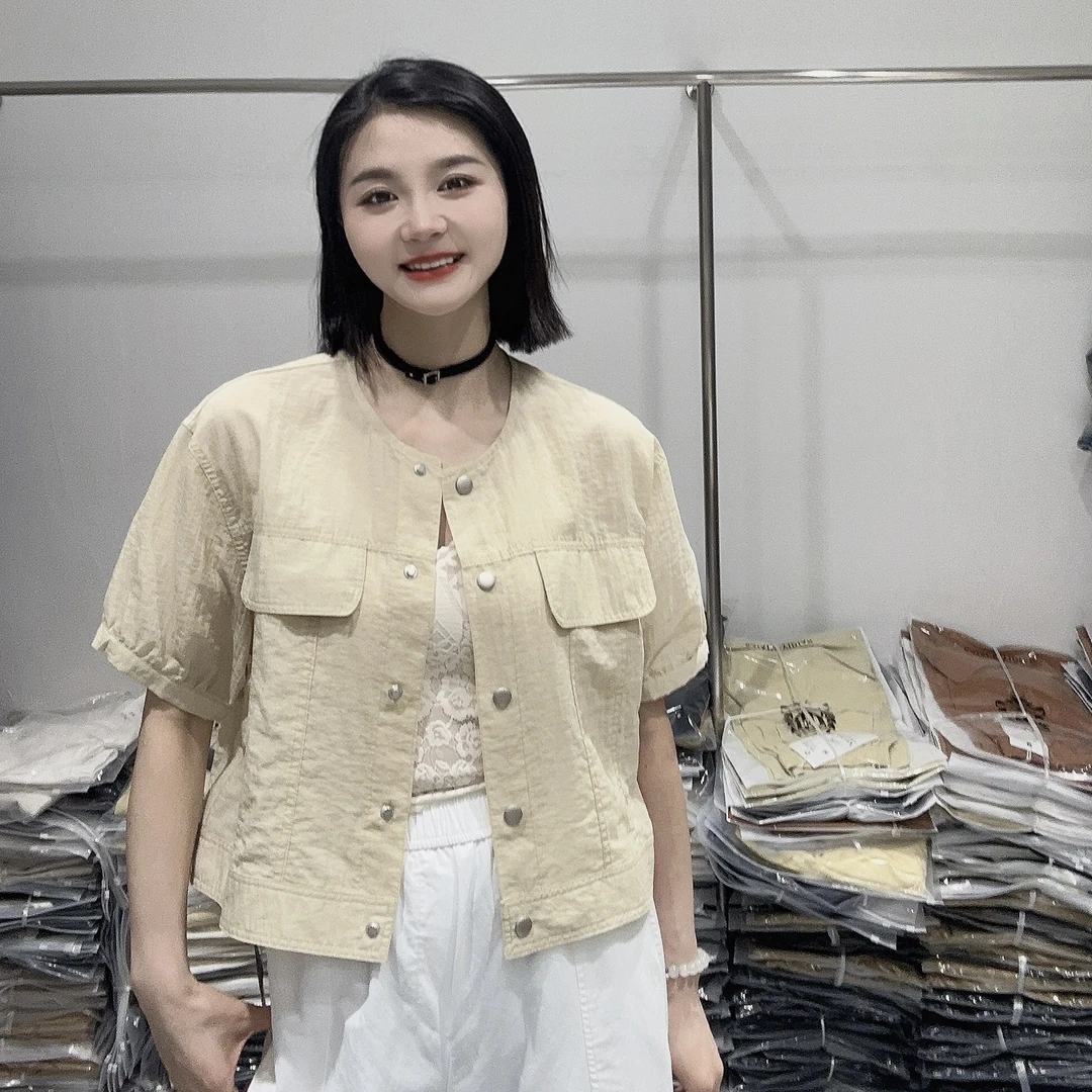 LMM 2557 2025春夏韩系简约圆领短袖衬衫女百搭显瘦上衣防晒外套