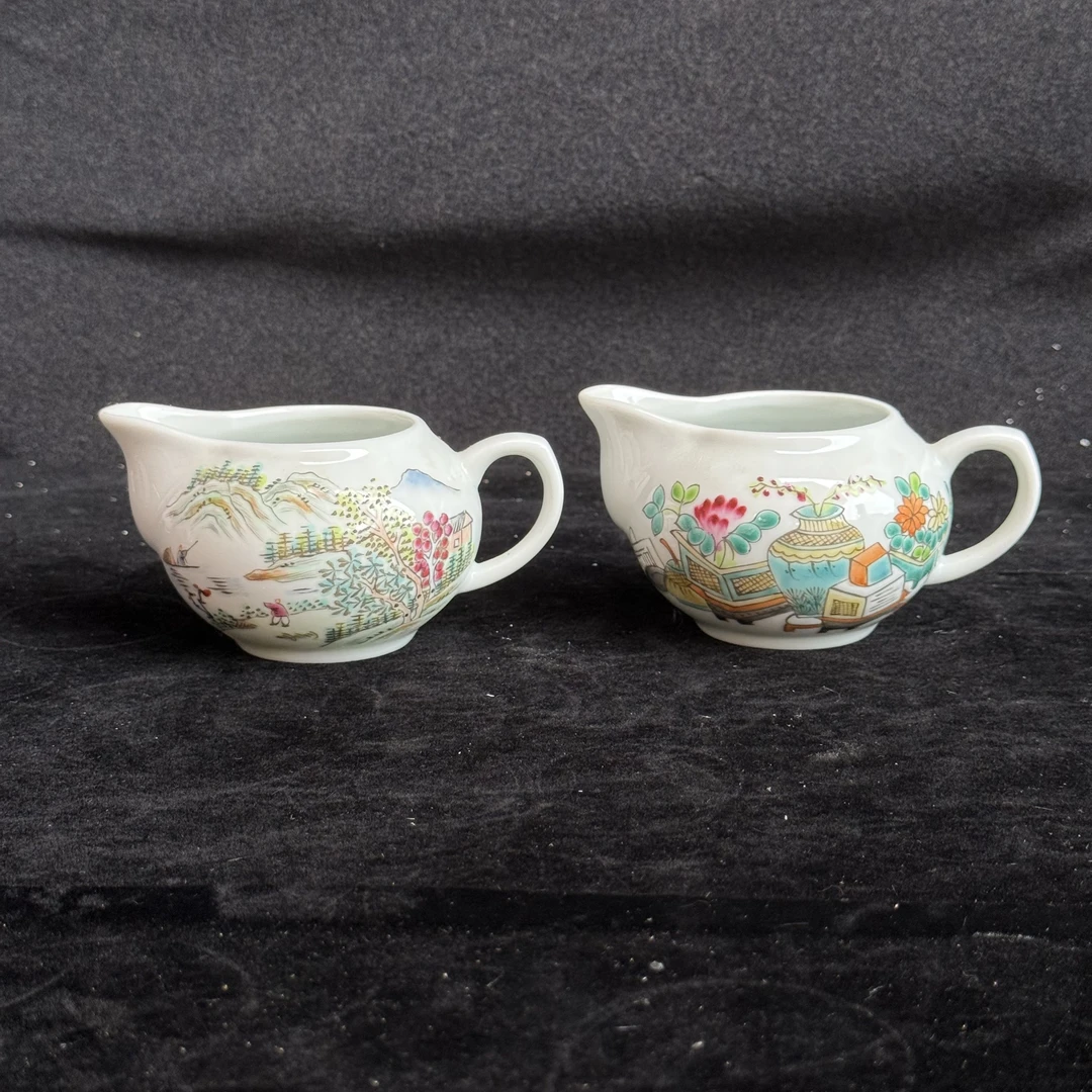 景德镇手绘粉彩公道杯150ml山水博古图釉把底老式功夫茶杯有耳