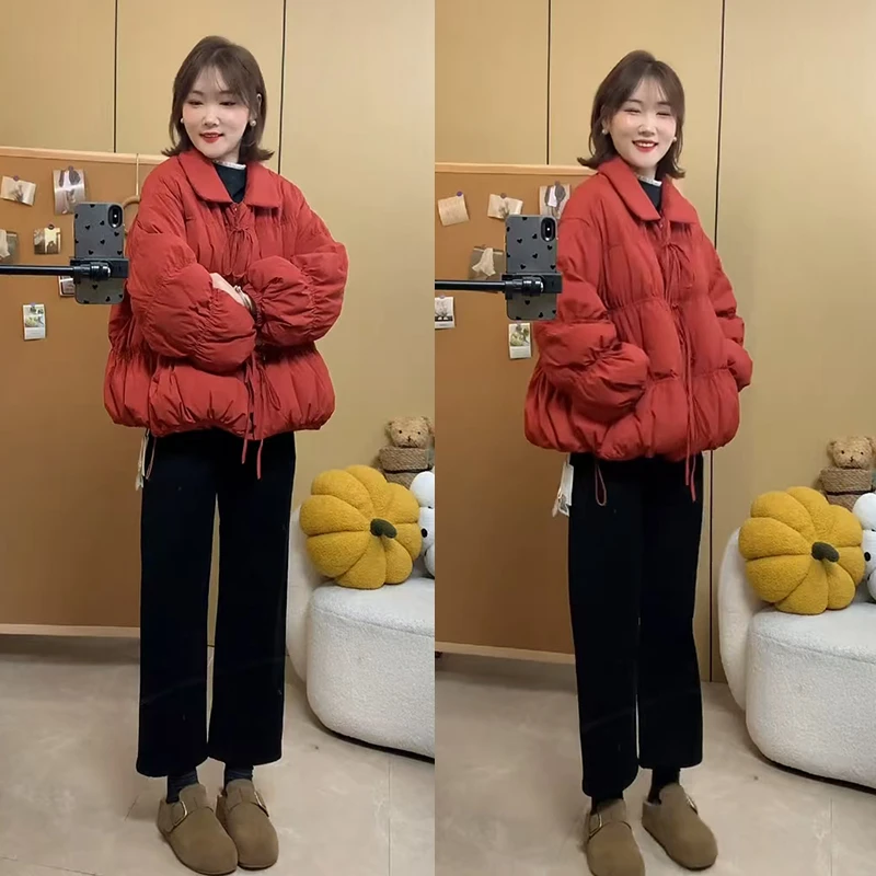 冬装搭配一整套2025年新款韩系过年穿搭翻领短款棉服休闲裤两件套