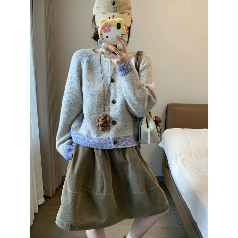 小沈美眉 波西塔塔 拼色花纱复古开衫毛衣秋冬宽松显瘦圆领外套