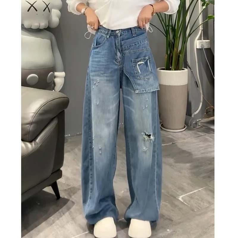 天丝牛仔裤女2025年夏季新款爆款裤子高腰显瘦时尚破洞直筒阔腿裤
