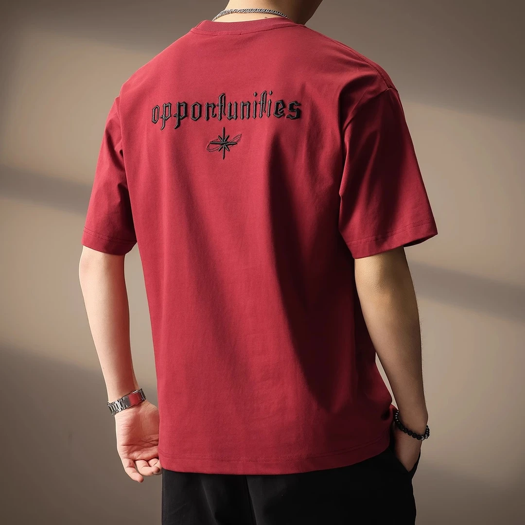 Cebrodz高端复古简约刺绣短袖男士夏季新款T恤潮牌宽松酒红色上衣