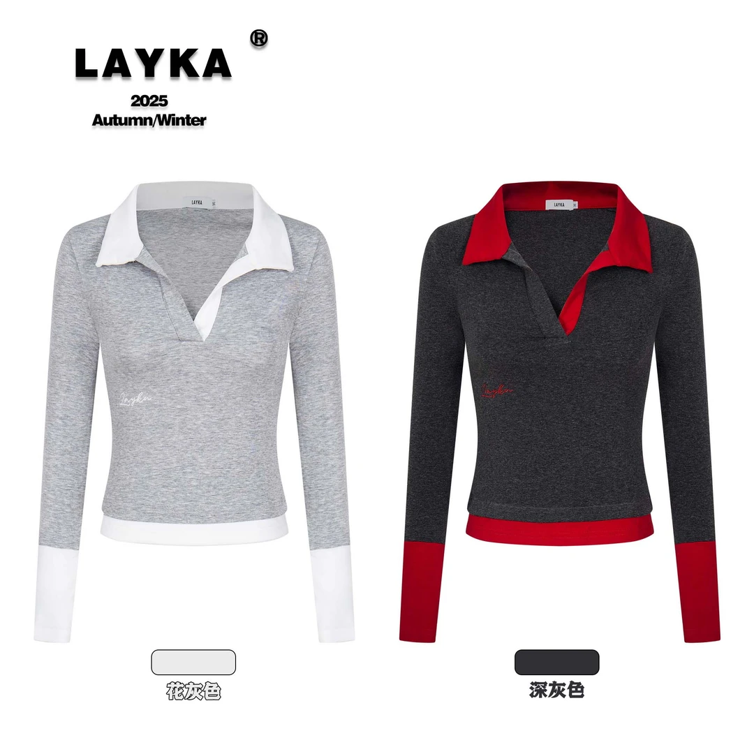 Layka假两件长袖T恤女秋季内搭外穿设计感小众翻领修身POLO上衣潮