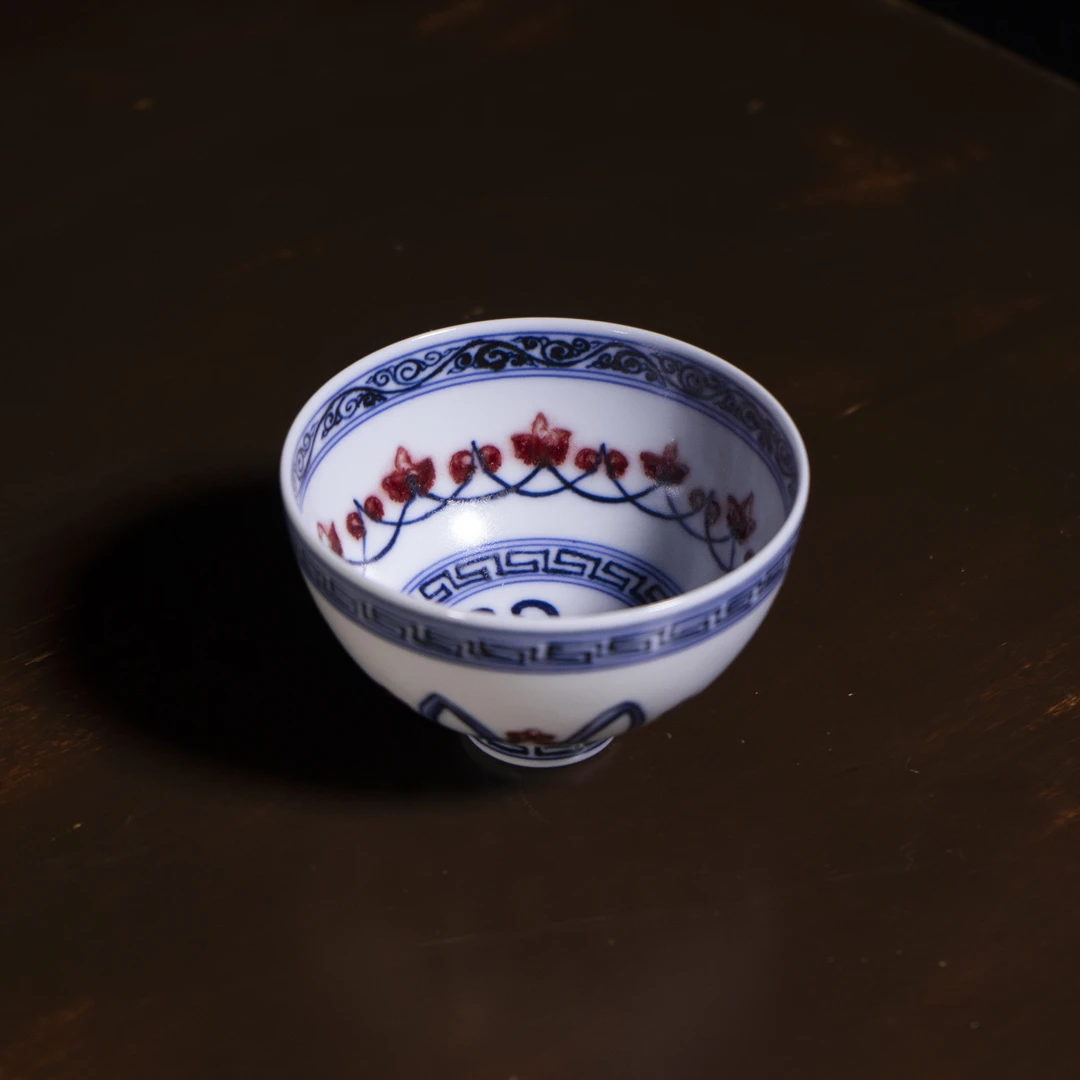 青花釉里红宝相纹鸡心杯手工手绘陶瓷主人杯茶杯纯手工品茗杯茶具