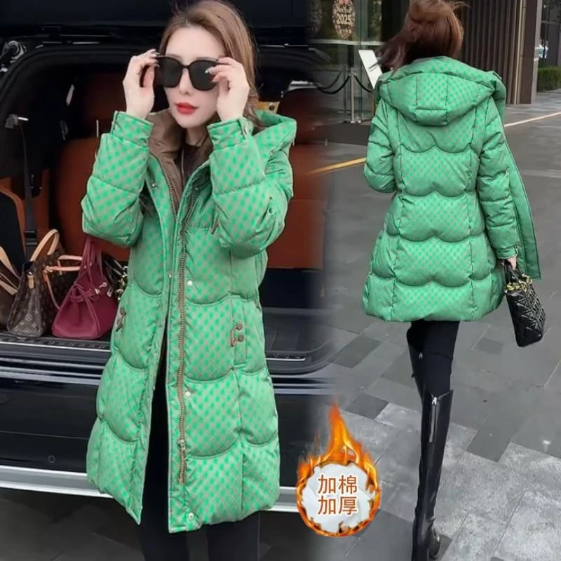 时尚连帽羽绒棉服女士冬季新款加厚洋气面包服韩版中长款保暖棉袄