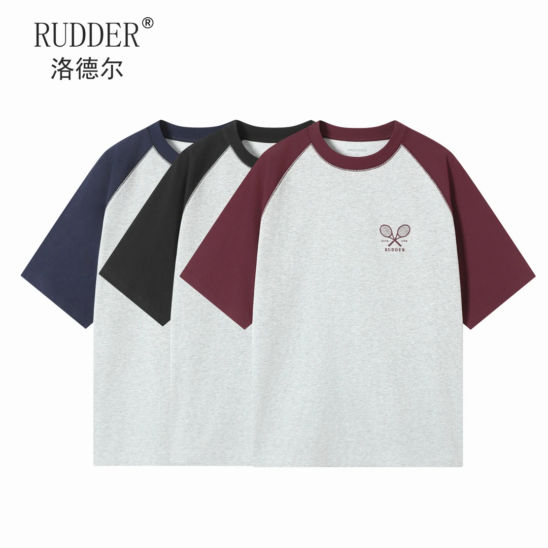 Rudder/洛德尔凉感网球拍刺绣拼色插肩袖短袖t恤韩系潮流男女夏