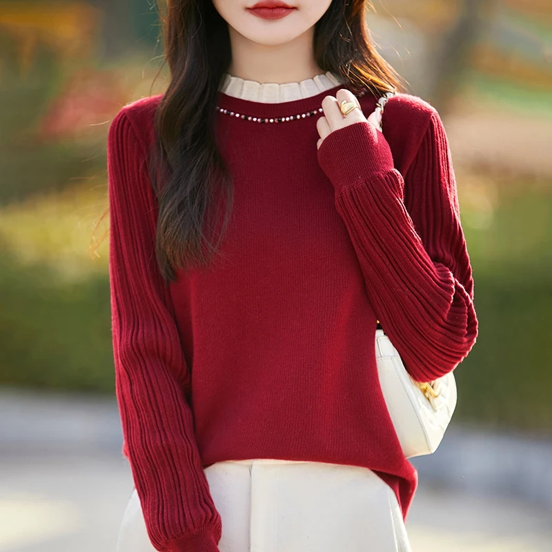 2025春秋新款精纺羊毛针织衫女圆领蕾丝花边钉珠毛衣洋气打底上衣