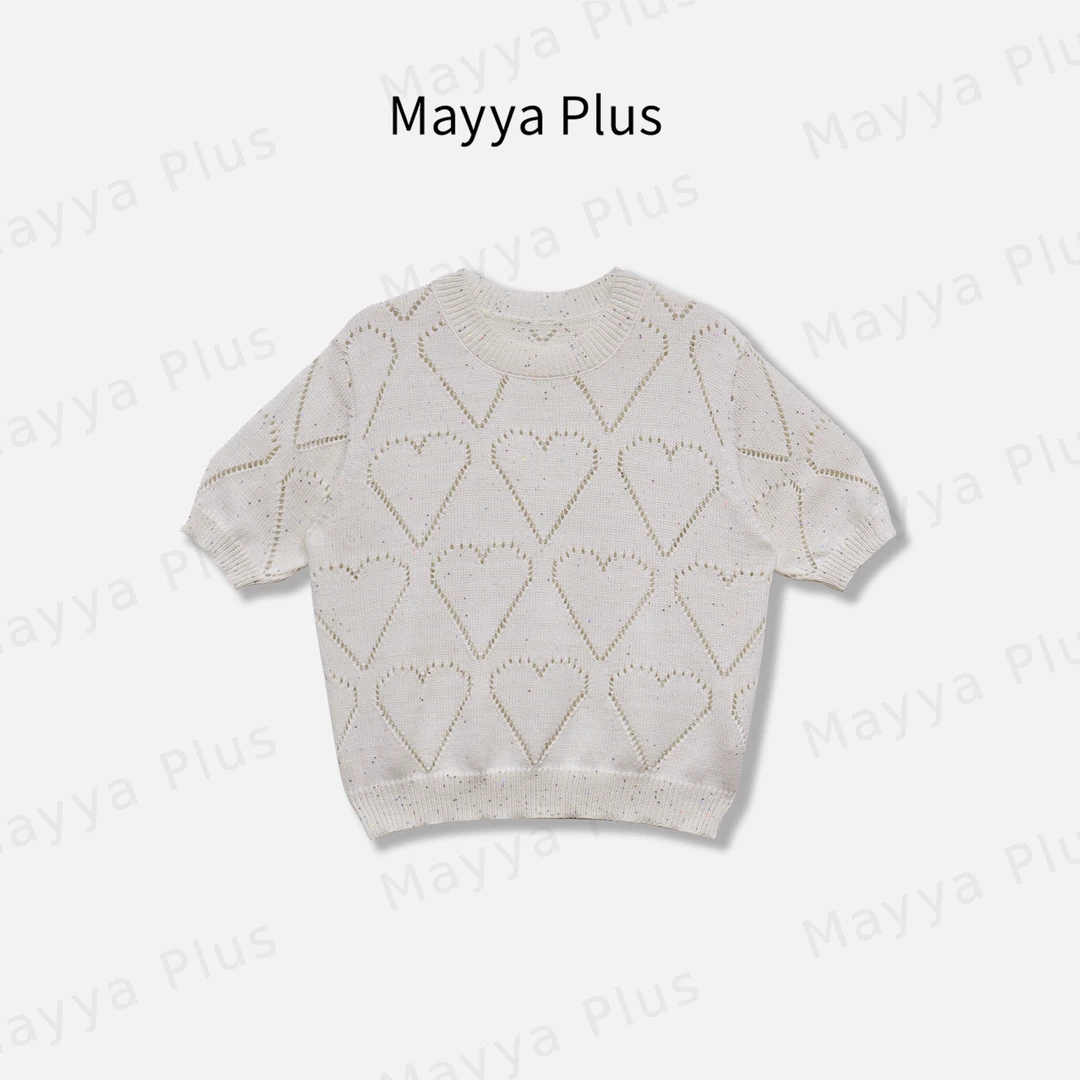 【心语】Mayya Plus麦芽定制韩系镂空针织短袖圆领收腰上衣32518710