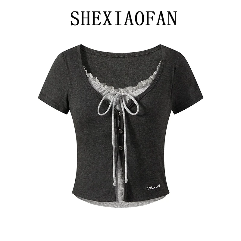 2025夏季新款假两件木耳边短袖t恤女时尚设计层次感修身百搭上衣