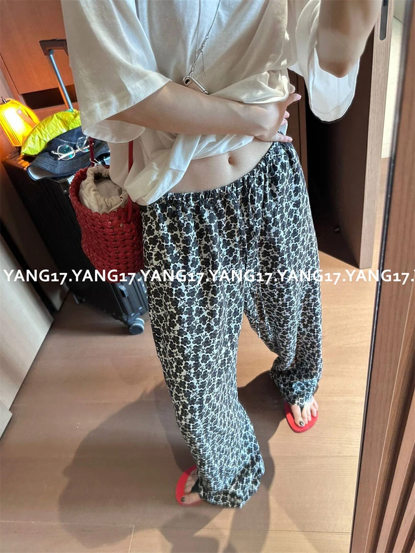杨十七 直喷印花 黑色亚麻天丝小花朵宽松长裤女