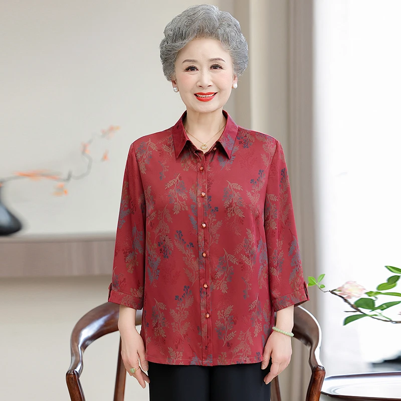 妈妈装2025新款七分袖衬衫中老年人奶奶装洋气薄款休闲宽松上衣女