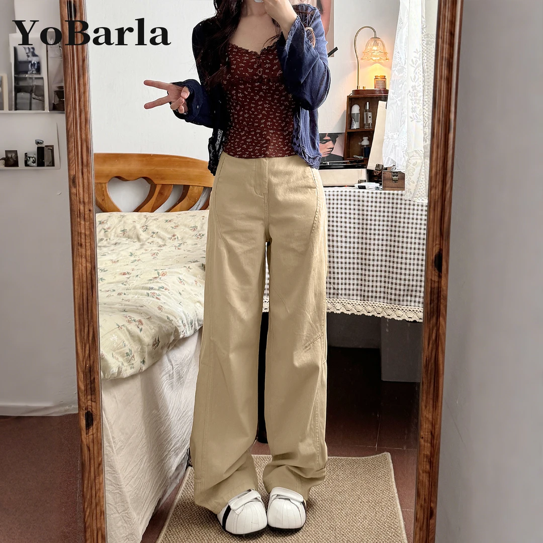 卡其色阔腿牛仔裤女秋季新款胖mm大码梨型身材显瘦宽松垂感直筒裤