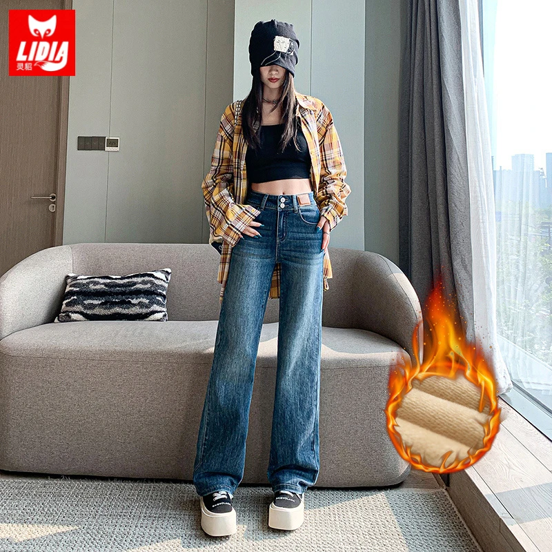 复古蓝加绒裤子窄版直筒牛仔裤女2025秋冬经典款复古双扣百搭显瘦