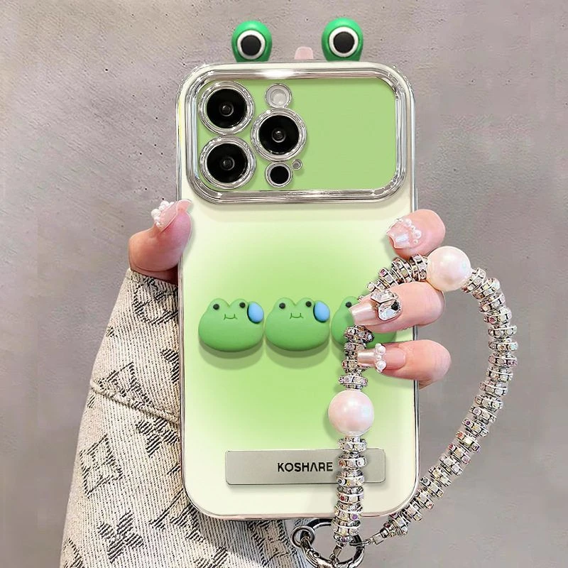 适用苹果15手机壳iPhone14pro青蛙公仔手链支架13电镀6D视窗X硅