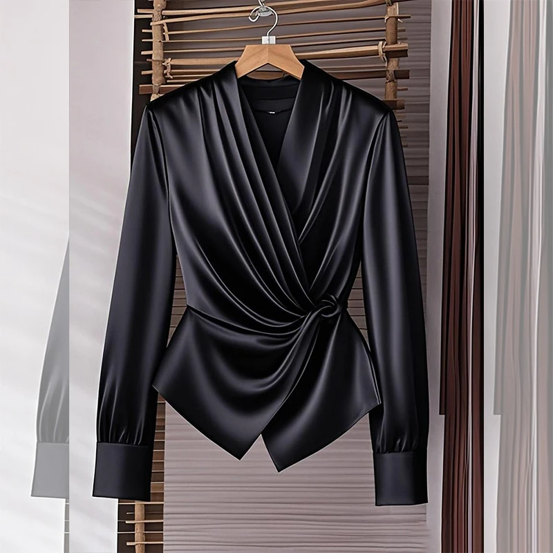 黑色v领长袖衬衫女秋季新款时尚百搭洋气减龄上衣法式轻熟风小衫