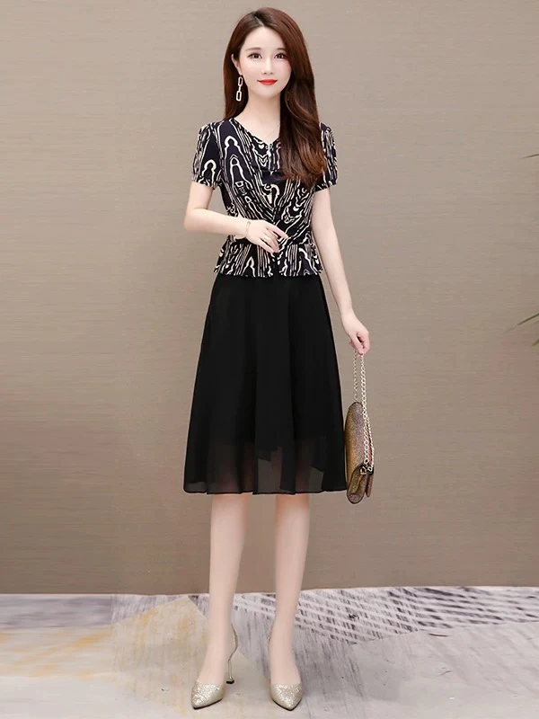 X0504 夏季气质连衣裙假两件女显瘦收腰时尚减龄遮肉修身连衣裙