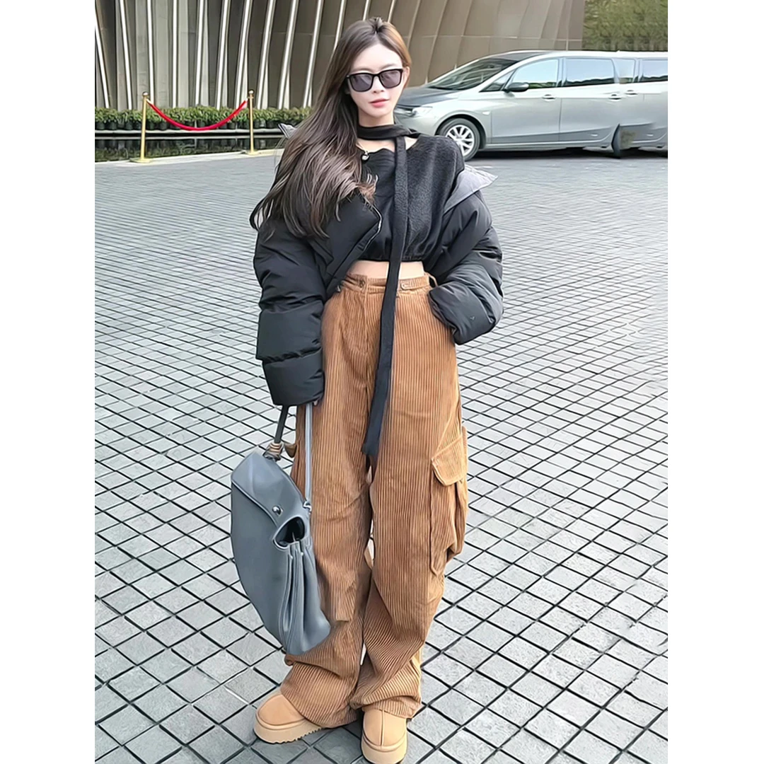 美式复古灯芯绒工装裤女2025冬季新款高腰显瘦设计感休闲直筒长裤