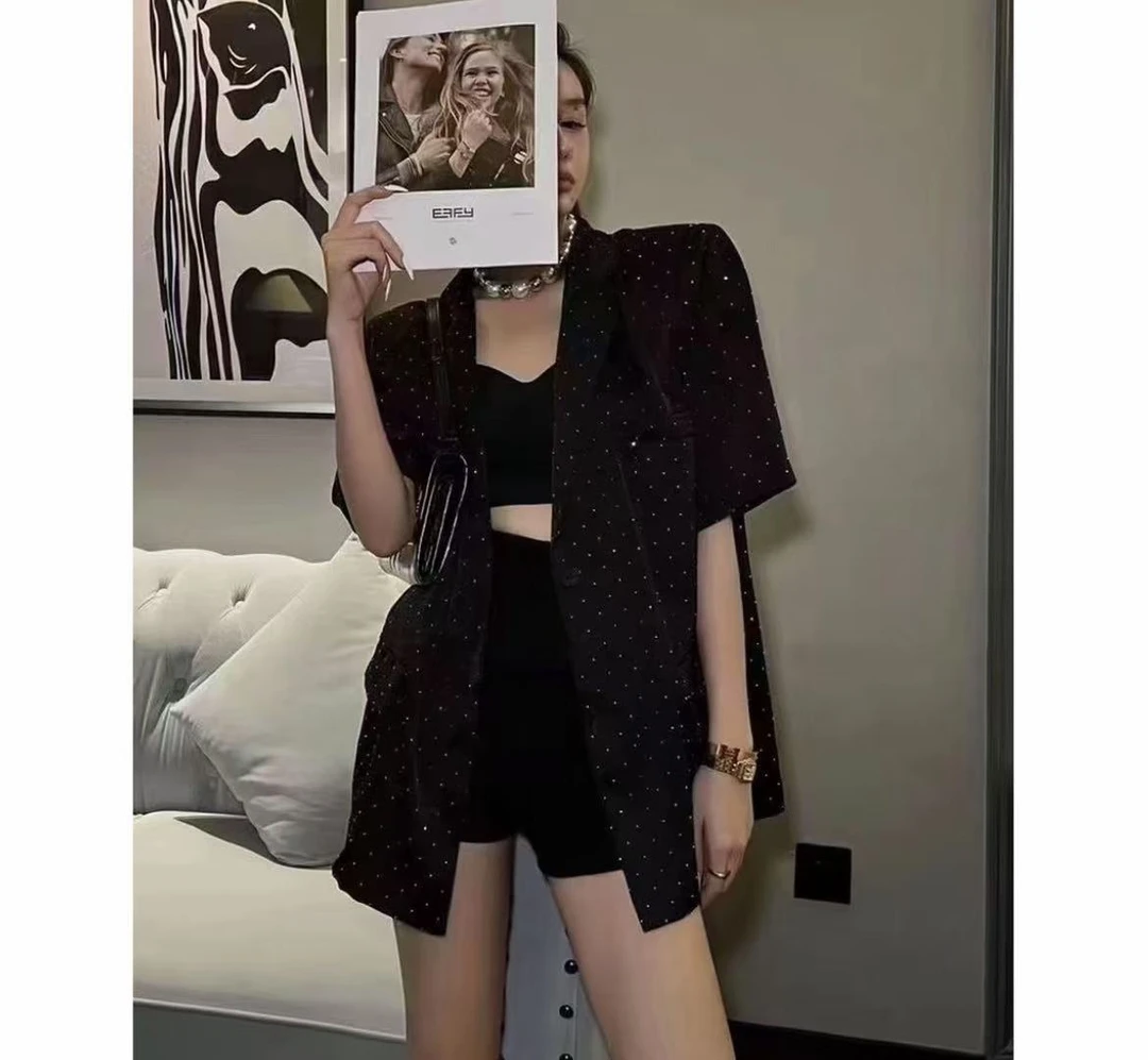 高级感重工烫钻衬衫西服款女2025夏季新款显瘦中长款薄款上衣178