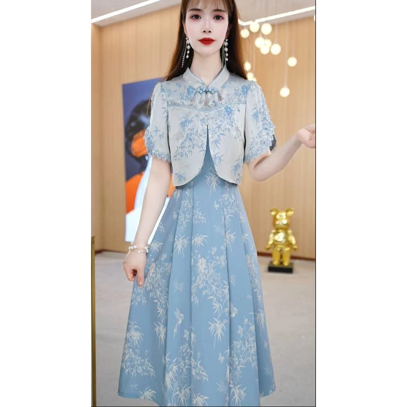 【连衣裙】夏季新款旗袍领纯色轻奢高腰时尚中长款连衣裙M-3XL