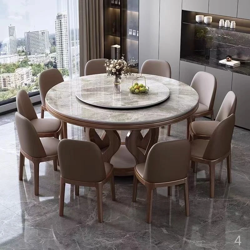 轻奢岩板餐桌椅组合家用高端实木饭圆桌家具带转盘圆形大理石