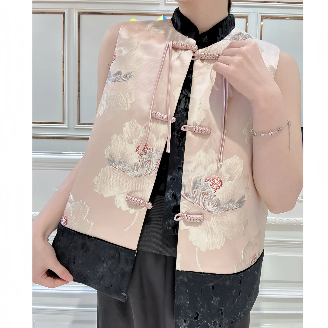 【坠花漫】秋冬款加棉厚马甲女装上衣牡丹精致撞色