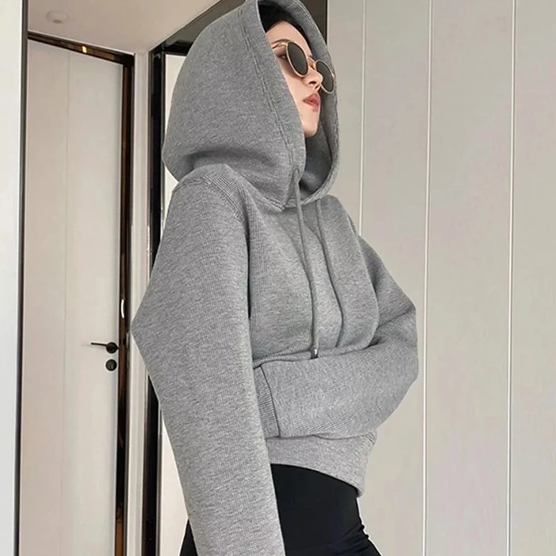韩版秋季短款连帽灰色加绒卫衣女2025秋冬新款小众气质百搭上衣潮