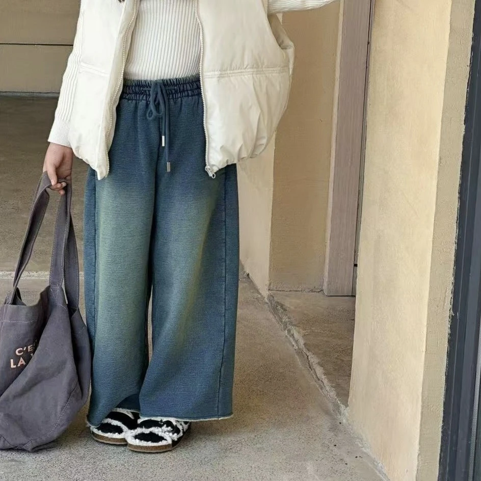 女童韩版洋气加绒牛仔裤冬装儿童加厚直筒裤冬季保暖阔腿长裤