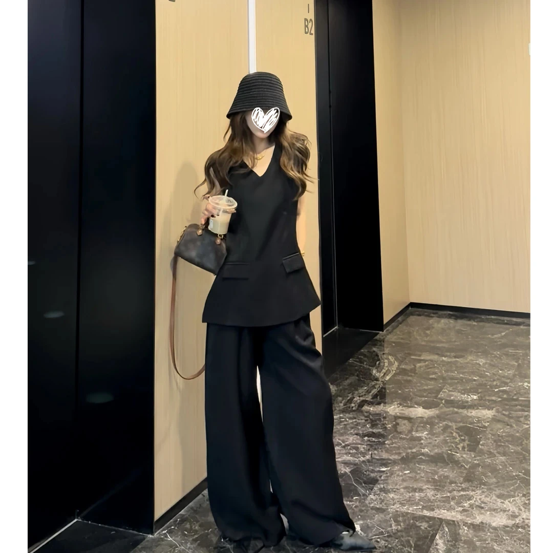 夏季薄款套装无袖背心上衣阔腿拖地长裤气质高级感两件套