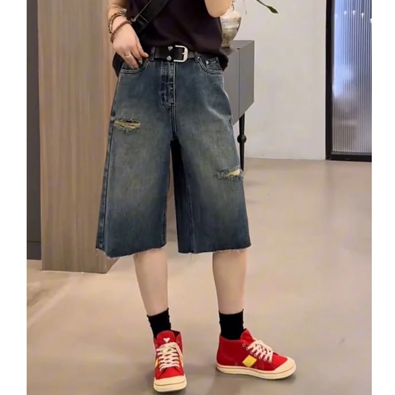牛仔裤女士2025年夏季新款爆款裤子显瘦时尚蓝色六分裤宽松阔腿裤