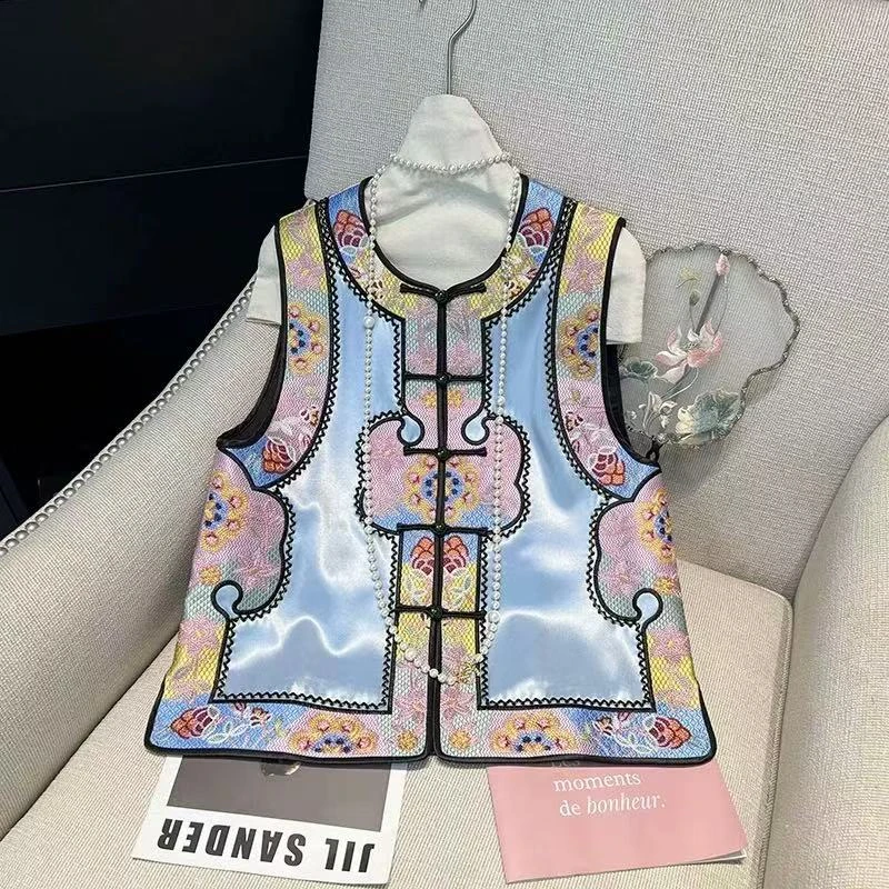 国风醋酸刺绣撞色马甲女休闲别致唐装背心上衣