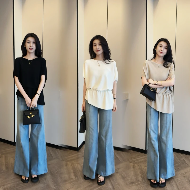 慵懒风抽绳蝙蝠袖上衣女25夏季新款牛仔裤显瘦百搭阔腿拖地裤套装