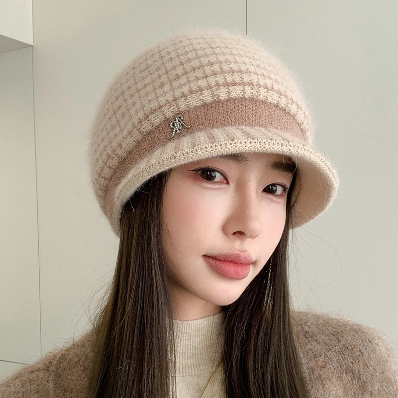 贝雷帽冬天妈妈帽子女针织保暖韩版百搭鸭舌贝雷帽英伦复古毛线帽