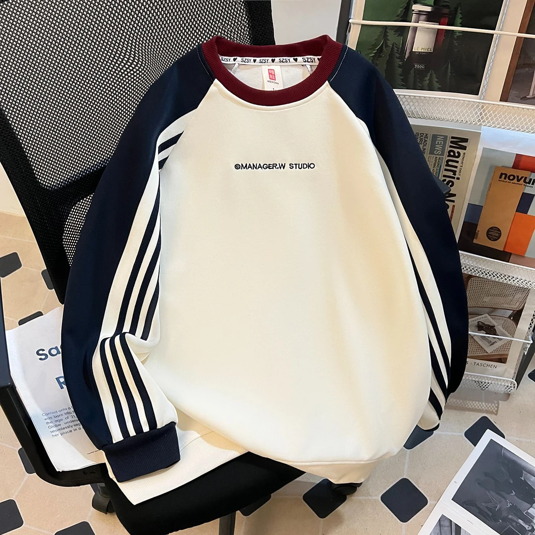 三条杠撞色拼接大码显瘦女款长袖上衣圆领刺绣字母百搭春秋季休闲