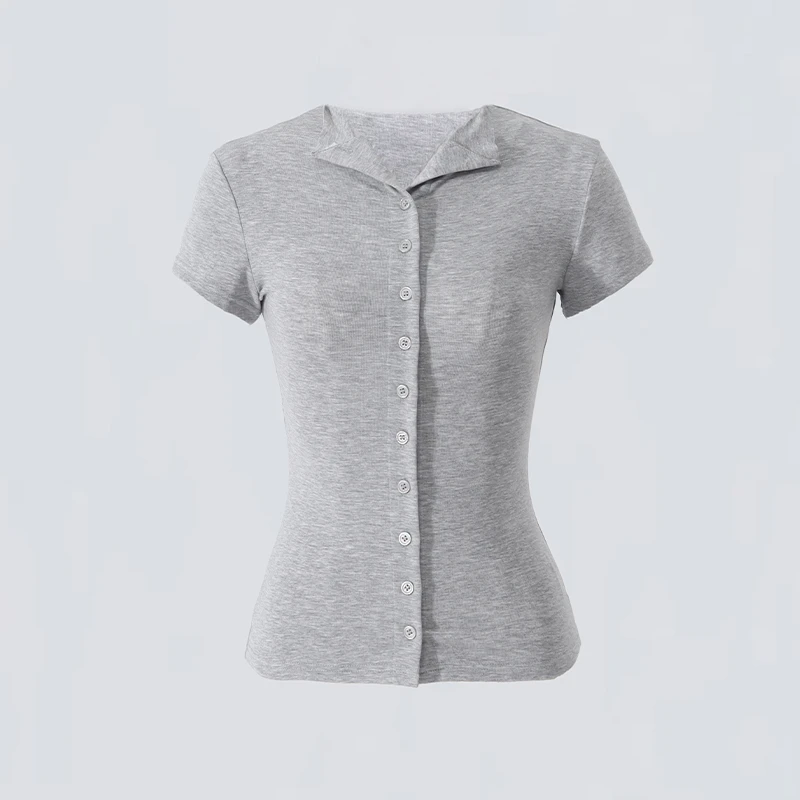 哲娜纯美式复古亨利领正肩短袖t恤女新款排扣修身设计感显瘦上衣
