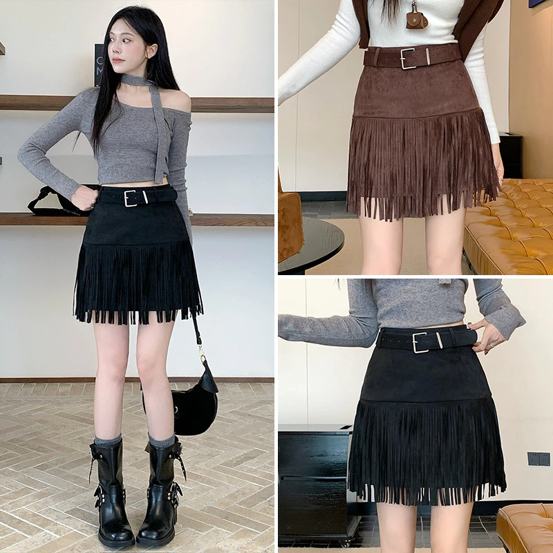 2025秋冬款高腰显瘦鹿皮绒流苏短裙A字半身裙防走光小个子显腿长