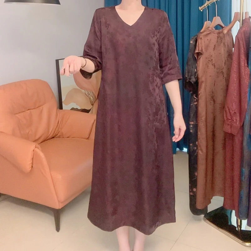 【高端丝帛】【双面双穿】夏季中袖连衣裙中长款V领