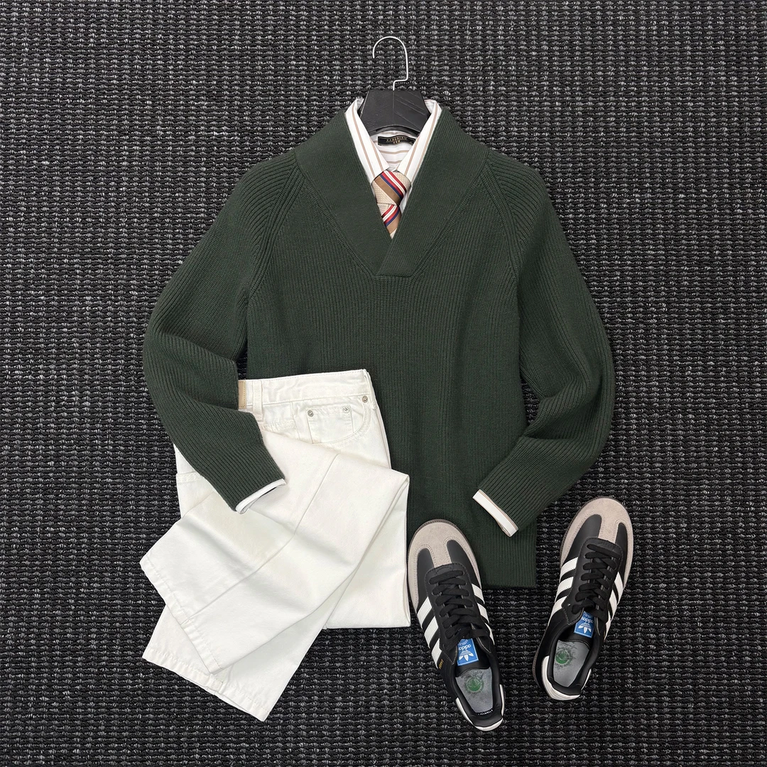 There isrice冬季保暖重磅羊毛混纺男士青果领针织毛衣羊毛衫外套