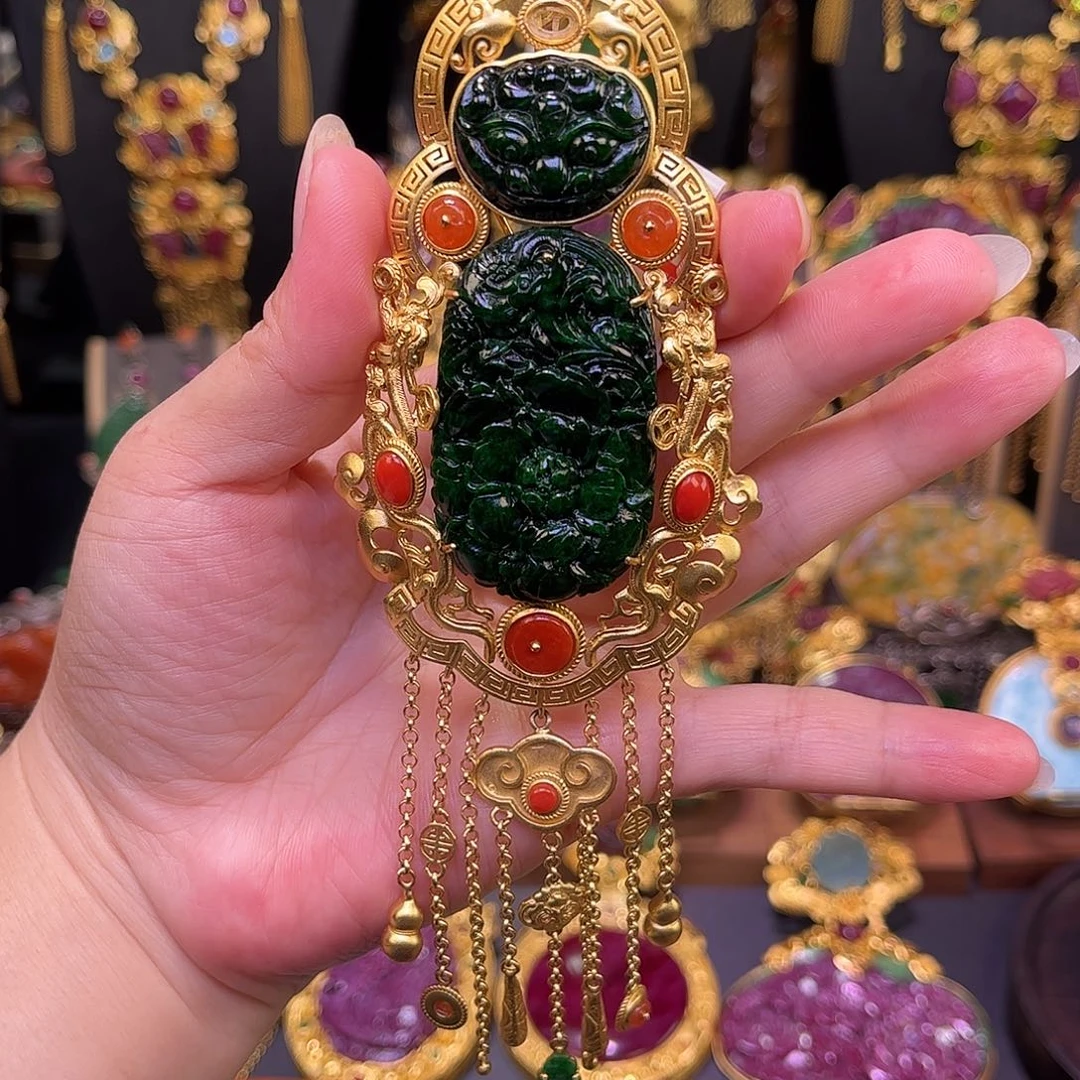 翡翠银S925镀金镶嵌吊坠(不含链)辣绿花青翡翠多宝牡丹花吊坠