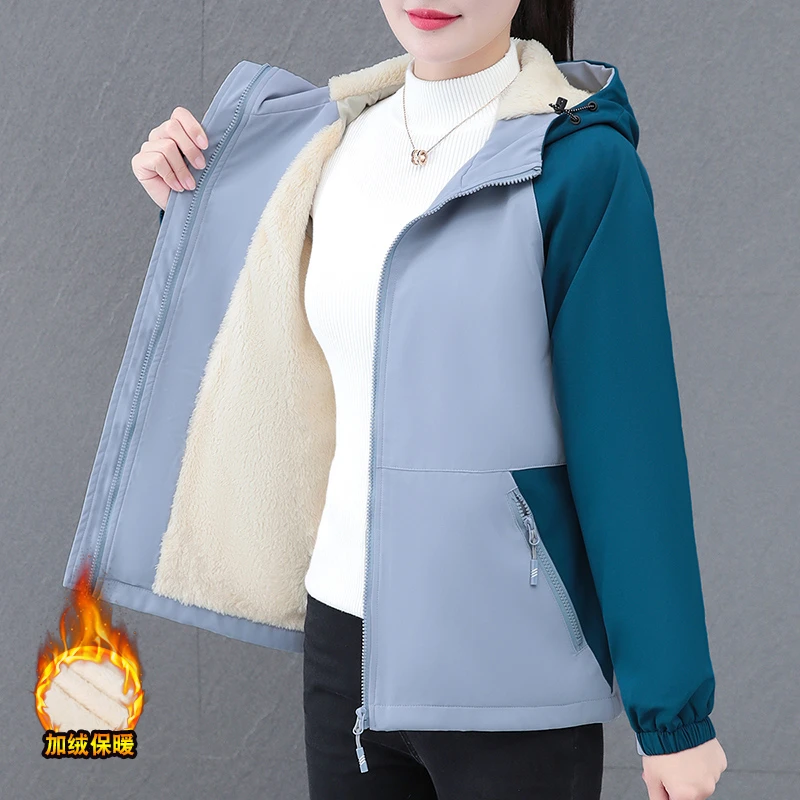 新款时尚休闲石墨烯加绒连帽冲锋衣女2025新款春秋风衣夹克外套上