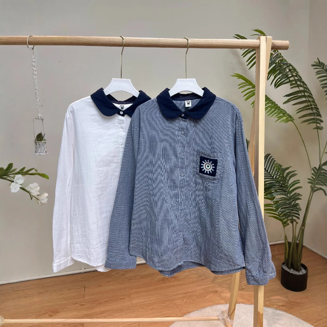 【拼接口袋刺绣太阳花棉纱衬衫】9120