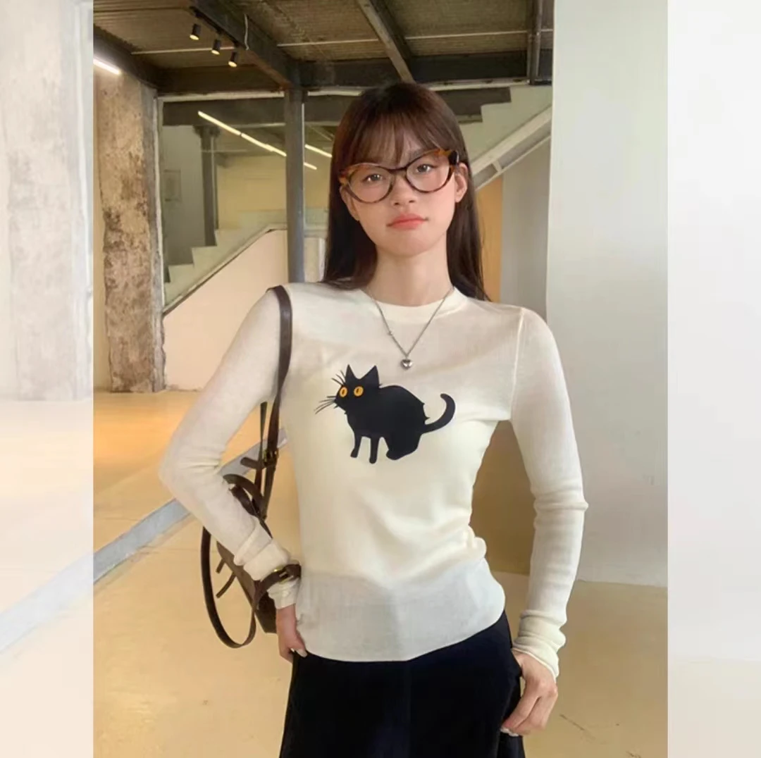 清清 宋正恩猫咪印花T恤秋冬薄款针织衫显瘦内搭打底上衣ZSSM756