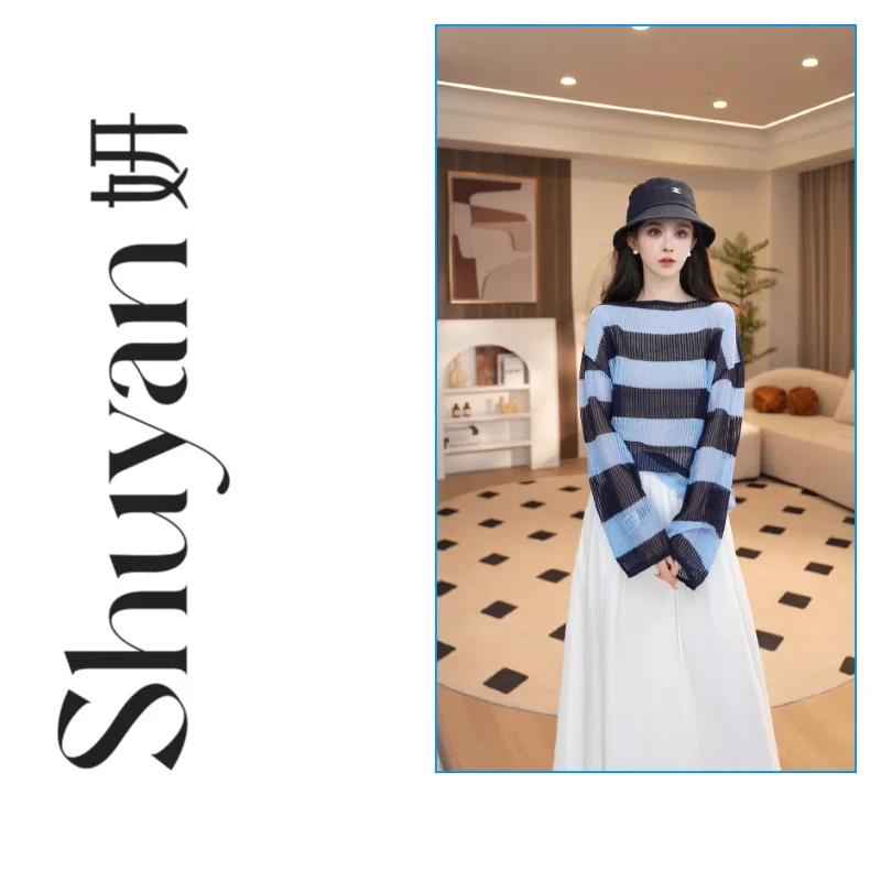 Shuyan妍【亚麻蓝条】QC夏季海洋清爽蓝条韩系气质百搭罩衫71517