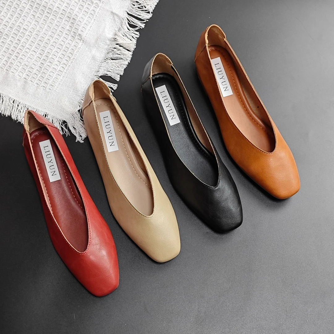 国风女鞋低帮鞋方头软面软底平头单鞋女粗跟女鞋工作鞋女款杏色